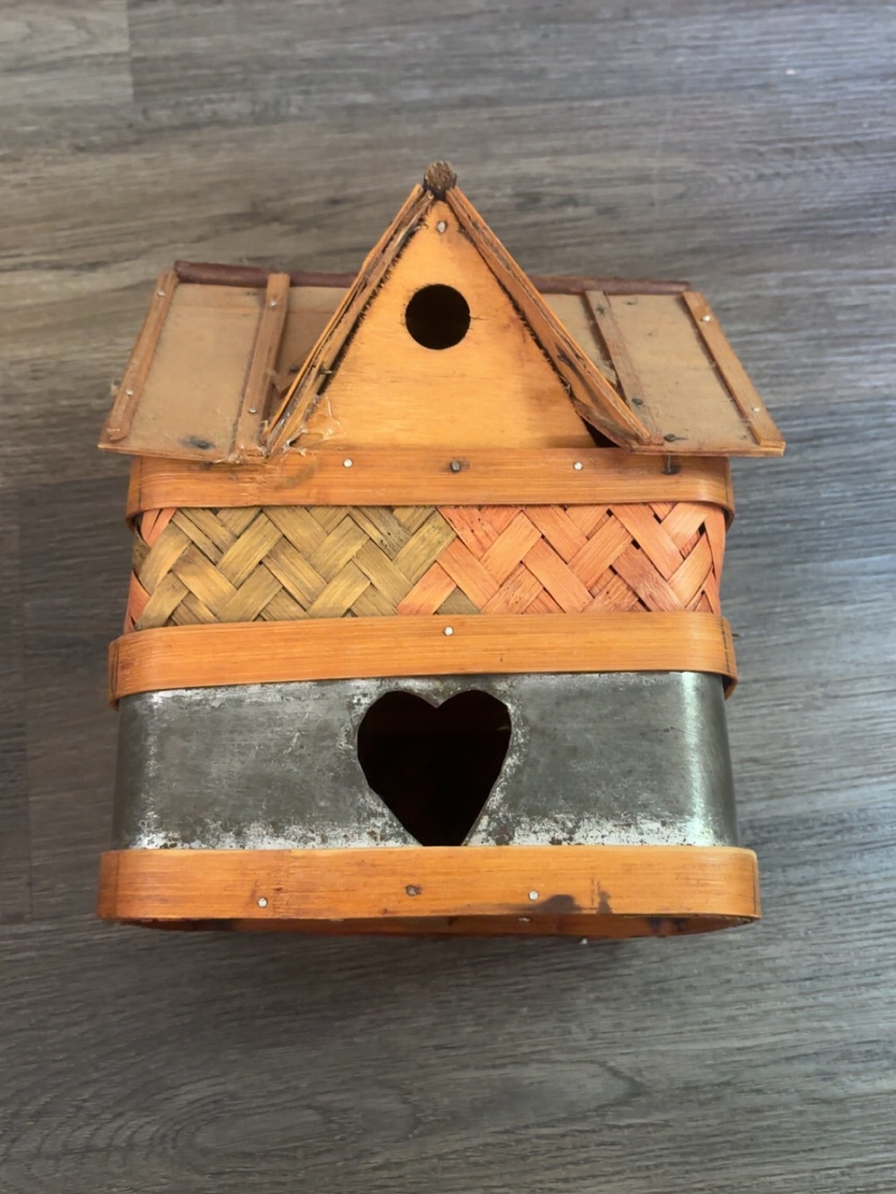 Tan Woven Wood & Metal Decorative Birdhouse with Heart Cutout